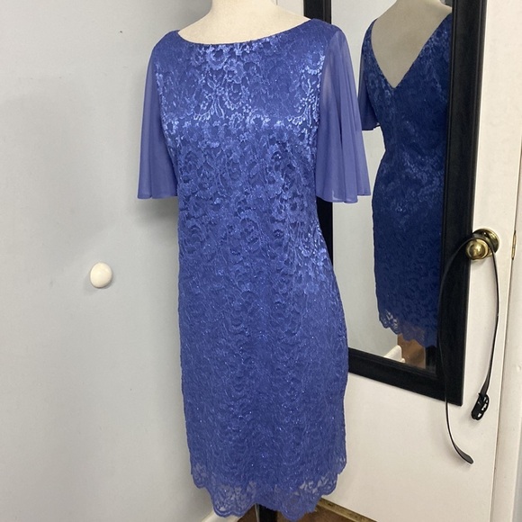 NWOT JESSICA HOWARD BOAT NECK SHORT FLUTTER SLEEVE FLORAL LACE IN PERIWINKLE - Picture 3 of 10